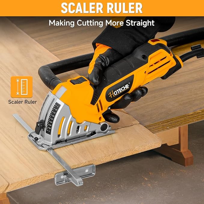 Hoteche 3-3/8-Inch Mini Circular Saw, 500W Compact Electric Circular Saw with 2pcs Blades for Wood, Tile & Soft Metal, Includes Dust Tube, and Parallel Guide