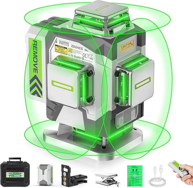 Huepar Pro Laser Level, Self Leveling 4 x 360° Green Cross Line Laser Level Tool, High Accuracy 4D Level Laser for Construction, 8000mAh Rechargeable Li-ion Battery, Remote Controller&Hard Carry Case