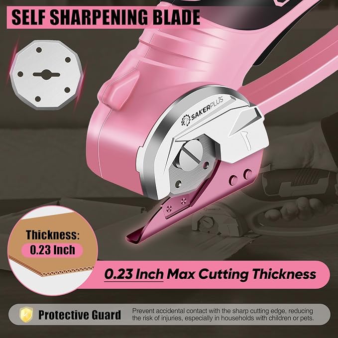 SakerPlus Cordless Electric Scissors,4V Rechargeable Cardboard Box Cutter Heavy Duty Fabric Scissor with Safety Lock & LED Light,Power Rotary Cutter for Leather Carpet Plastic Cutting,Sewing,Crafting