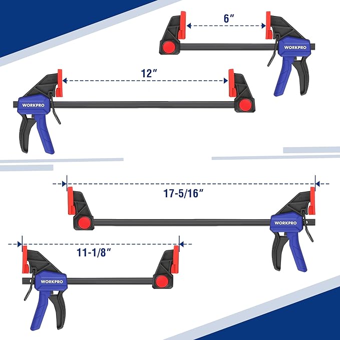 WORKPRO Bar Clamps for Woodworking, 6-Pack One-Handed Clamp/Spreader, 6-Inch (4) and 12-Inch (2) Wood Clamps Set, Light-Duty Quick-Change F Clamp with 150 lbs Load Limit Blue