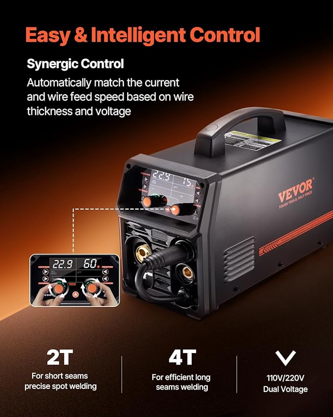 VEVOR Pro MIG Welder, 250A Pluse Mig Welding Machine, 5-in-1 Synergic Welder Machine MIG Pluse/Gas MIG/Flux Core MIG/Stick/Lift TIG, 110V/220V Dual Voltage Aluminum Mig Welder with LCD Screen Display