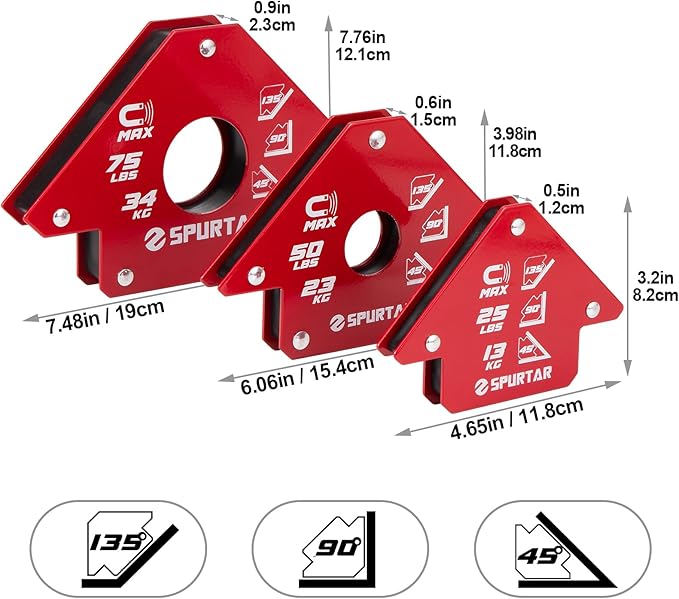 Spurtar Welding Magnets 6pcs, 75lbs 50lbs 25lbs Welding Magnets and Clamps, Heavy Duty Magnetic Holder Tools and Accessories 45°, 90°, 135° Angle