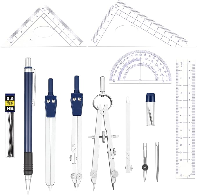Outus 13 Pcs Geometry Set for Students Math Protractor Compass with Rulers Mechanical Pencil Lead Refills Storage Box of Protractors Kit for School Class Student Drafting Drawing