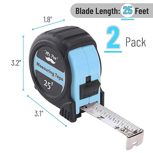 Mr. Pen- Retractable Tape Measure 25 ft, 2 Pack, Sky Blue, Easy Read, Steel Retractable Measuring Tape with Fractions, Ideal for Construction & DIY Projects
