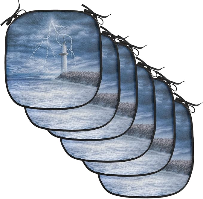 Lunarable Lighthouse Chair Cushion Pads Set of 6, Lighthouse Thunderstorm Turbulent Wind Moody Weather Dramatic Sky Scene, Anti-Slip Seat Padding for Kitchen & Patio, 16"x16", Navy Blue Dimgray