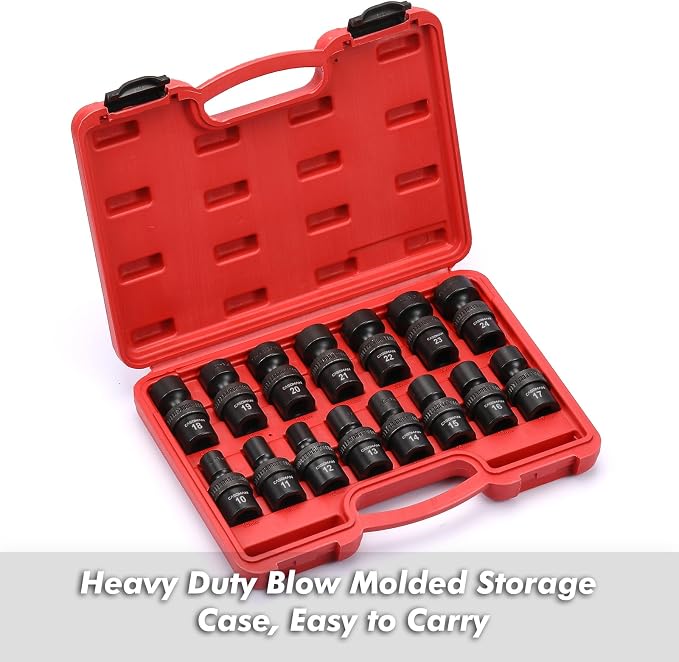 CASOMAN 15 PCS 1/2" Drive Standard Universal Impact Socket Set, 6 Point, Metric,10-24mm