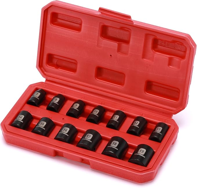 MIXPOWER 13 Pieces 3/8-Inch Drive Shallow Impact Socket Set, 7mm to 19mm, CR-V, Metric, 6 Point, Shallow, 13 Pieces 3/8" Dr. Socket