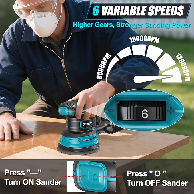 Cordless Random Orbital Sander Compatible for Makita 18V (TOOL ONLY), Electric Palm Orbital Sander With Dust Collector, 6 Variable Speeds, 20Pcs Sandpaper For Sanding Polishing Woodworking