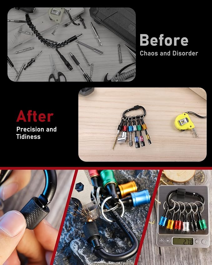 Katerk 10 pcs 1/4 inch Hex Shank Aluminum Alloy Screwdriver Bits Holder, Light-weight Quick-change Extension Bar Keychain Drill Screw Adapter Change Portable (With Black Carabiner)