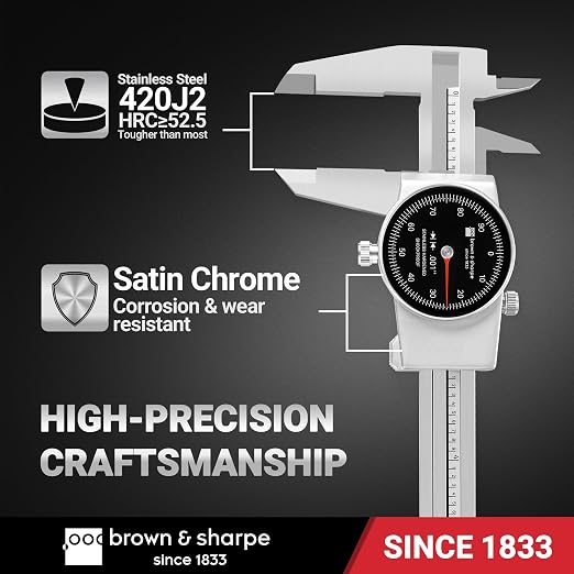 Brown & Sharpe Dial Caliper Measuring Tool 0-6", Swiss Core Movement 0.001" Accuracy, Shock-Proof Dial Vernier Caliper with Locking Screw, 4-Way Measurement, Hardened Stainless Steel, Smooth Operation