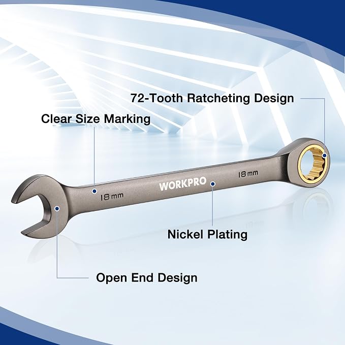 WORKPRO 22 PCS Ratchet Combination Wrench Set with Tool Box, Nickel Plating | with Organizer Box, Metric 6-18mm & SAE 1/4-3/4", 72-Teeth, For Home Project, Auto Repair, Plumbing, Construction, Machinery