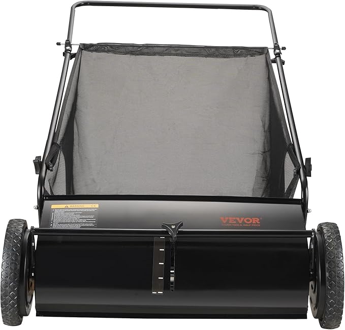 VEVOR Push Lawn Sweeper, 26 Inch Leaf & Grass Collector, Strong Rubber Wheels & Heavy Duty Thickened Steel Durable to Use with Large Capacity 7 ft³ Mesh Collection Bag, 4 Spinning Brushes