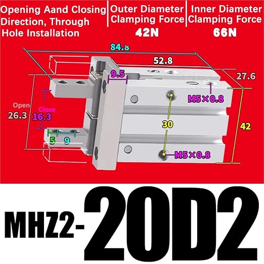 1PCS MHZ2 Pneumatic Finger Cylinder Parallel Gripper MHZ2-10/16/25/32/40D1/D2/D3 Side Thread Aluminium Clamps(MHZ2-20D2)