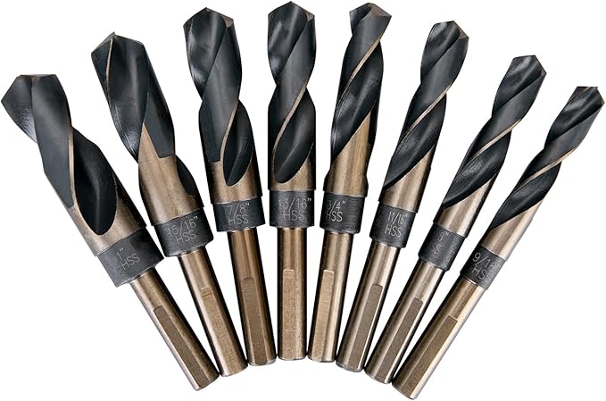 EFFICERE 8-Piece Premium 1/2” Reduced Shank Silver and Deming Large Drill Bit Set in Aluminum Carry Case, M2 High Speed Steel, 135-Degree Split Point | SAE Inch Size 9/16” - 1” by 1/16th Increment