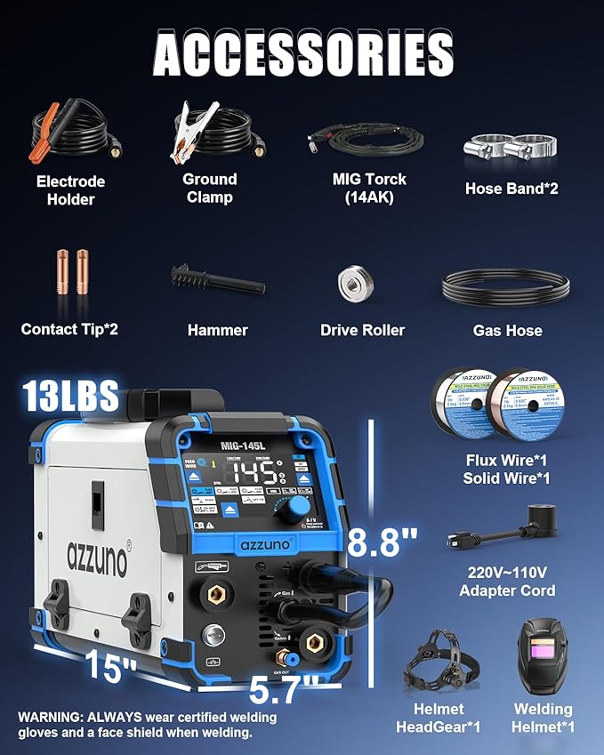 AZZUNO 145A MIG Welder with Welding Helmet, 110V/220V Dual Voltage 4 in 1 Gas/Gasless Flux Core MIG Welder/Lift TIG/Stick Welding Machine, Wire Feed Welder with Synergic Control