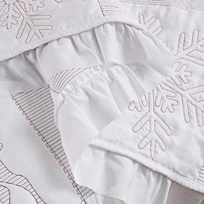 Cmfshape Christmas Embroidery Quilt Set,3 Pieces Queen Size Xmas Tree Reindeer Pattern Bedding Set,Reversible Christmas Bedspread Coverlet,Holiday Bedding(White,92"x96")