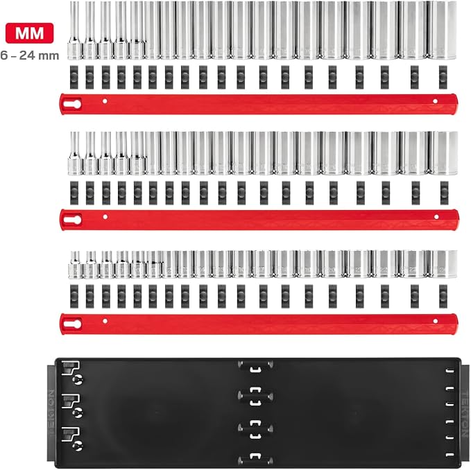 TEKTON 3/8 Inch Drive 12-Point Socket Set, 57-Piece | SHD91126 | (6 - 24 mm), Shallow, Semi-Deep, and Deep, Socket Rail
