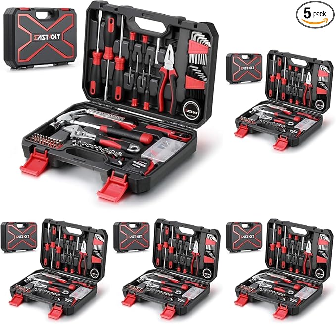 Eastvolt 128-Piece Home Repair Tool Set, Tool Sets for Homeowners, General Household Hand Tool Set with Storage Toolbox, EVHT12801, Black + Red (ASK01) (Pack of 5)