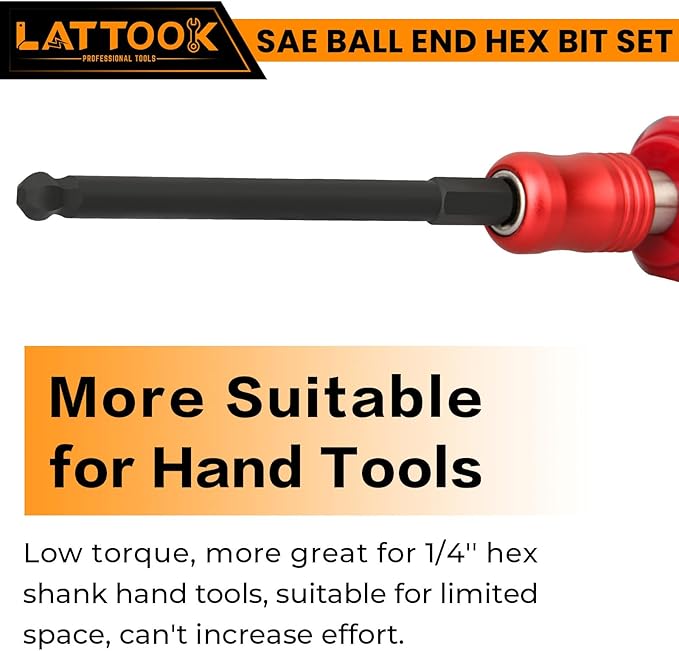 SAE Ball End Hex Head Allen Wrench Drill Bit Set | LATTOOK 10PCS Ball End Hex Bit Set Allen Hex Key, 4'' Long, Magnetic S2 Steel