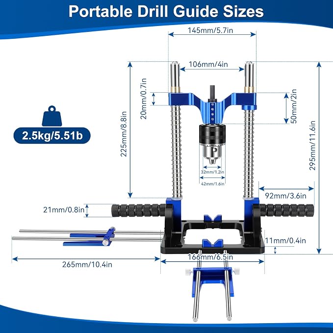Upgraded Portable Drill Guide, Adjustable 0°to 60°Multi Angle Drill Guide for Straight Holes, Drill Press Adapter for Hand Drill, with 1/2" Chuck, Key, Guide Rod Precision Drilling Jig,Heavy-Duty