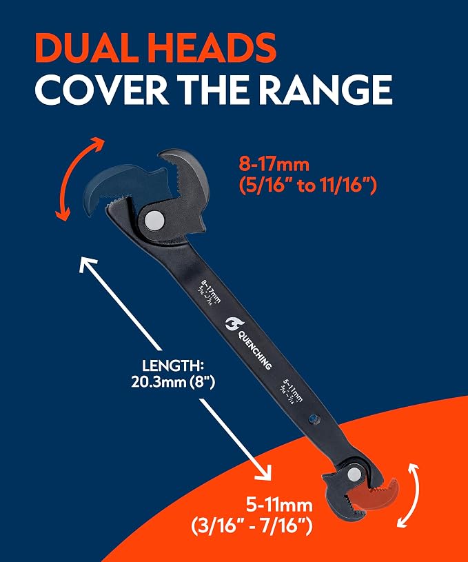 QUENCHING Self-Adjusting Crowfoot Wrench, 5–17mm (3/16”–11/16”), Slim Profile for Tight Spaces, Single Tool Alternative for Tight-Access Fasteners
