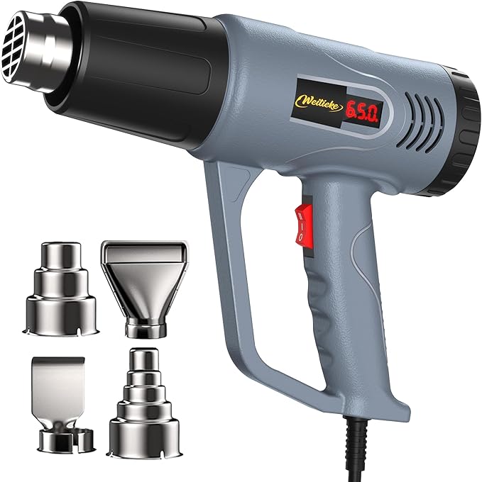 Heat Gun LCD Digital Display 7-Level Temperature Control 122-1202℉ Hot Air Gun with 4 Nozzles Fast Heating Overload Protection for Shrink Tubing, Vinyl Wrap, Crafting,Resin, 5Ft Power Cord