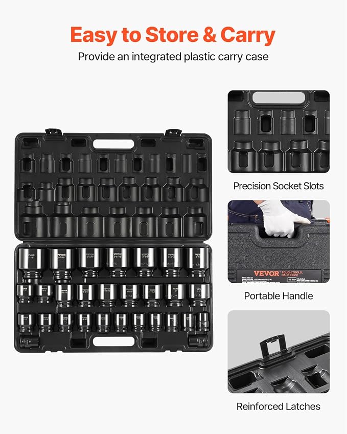 VEVOR 3/4" Drive Impact Socket Set, 29 Piece, CR-MO | SAE 3/4" to 2-1/2", 6 Point Sockets, Easy-to-Read Size Markings, Rugged Construction, with Storage Case