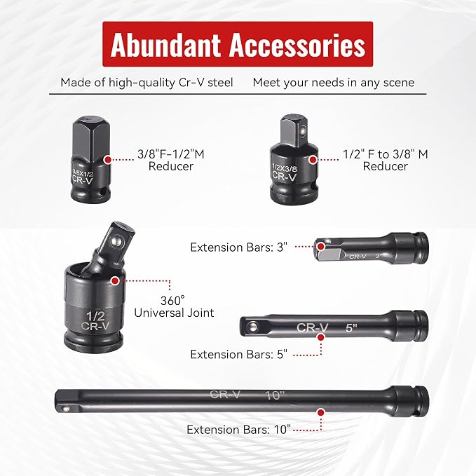 Reniteco 25-Piece 1/2" Drive Socket Set, SAE 3/8"-1-1/2", 6-Point, Cr-V | Deep Sockets, Extension Bars, 1/2"F-3/8"M & 3/8"F-1/2"M Reducers, Universal Joint, Ideal for Heavy-Duty Repairs