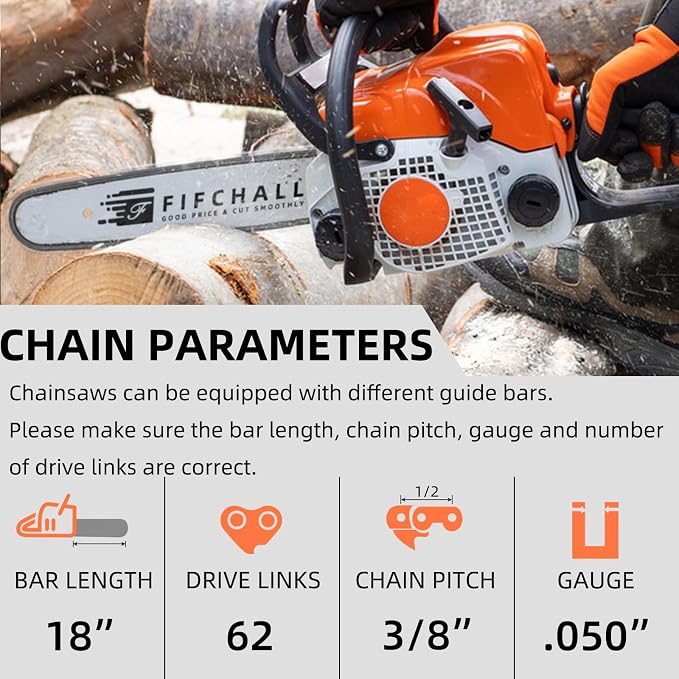 18 Inch Chainsaw Guide Bar and Chains 62 Drive Links, 3/8" LP Pitch, 050" Gauge, 18-Inch Replacement Chainsaw Chains Compatible with Husqvarna, Echo, Poulan, Craftsman and more (1 Bar + 3 Chains)