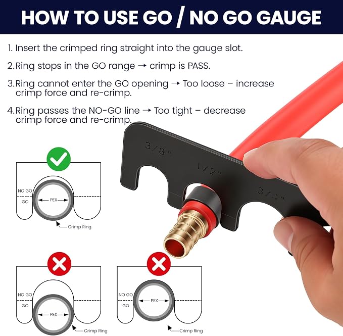 PEX Pipe Crimping Tool 1/2" & 3/4",PEX Crimp Tool Kit for Copper Crimp Rings with a wrench and GO/NO-GO Gauge