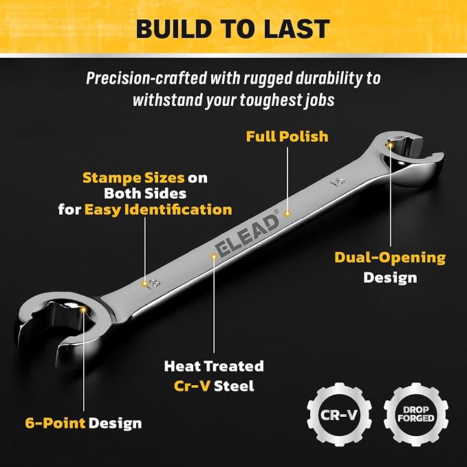ELEAD 14-Piece Flare Nut Wrench Set with PTFE Tape, Metric & SAE 1/4"-7/8"& 6-21mm, Brake Line Wrench Set Double Open End with Organizer Pouch for Repairing and Removing Nuts