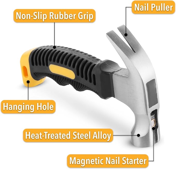 Mr. Pen- Claw Hammer, 8oz, Yellow, Magnetic, Small Claw Nail Hammer for Women for Camping, Wood Working, House Repairs, Claw, Stubby, Tack