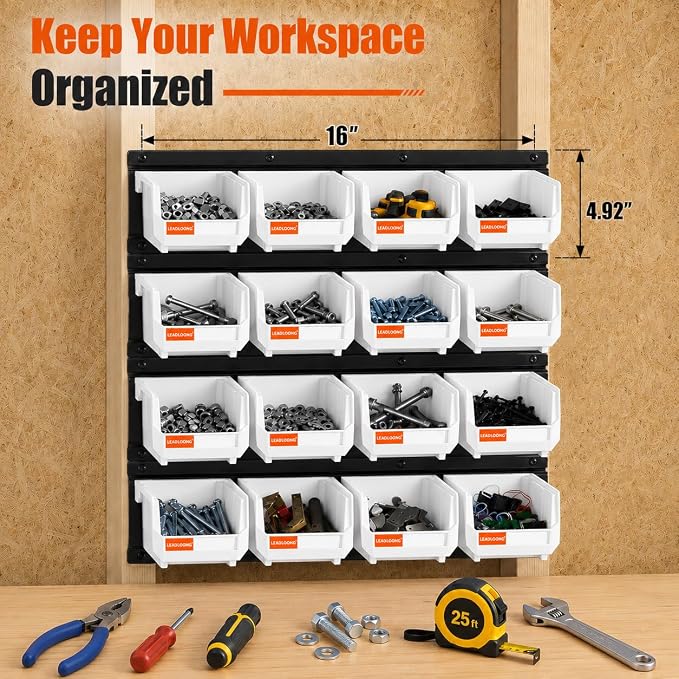 16pc Wall-Mounted Storage Organizer Set with Metal Rails White | Heavy duty tool organization box with metal rails. Ext 5"x4"x3" for garage screws nuts bolts.