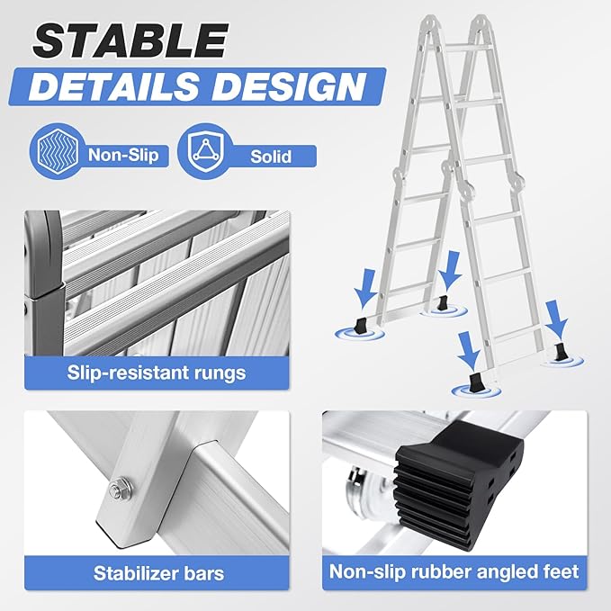 12.5FT Multi-Purpose Folding Ladder, 7 in 1 Aluminium Folding Ladder Collapsible Extension Ladders Adjustable Step Ladders with Large Joints for Home Roof RV Work Painting