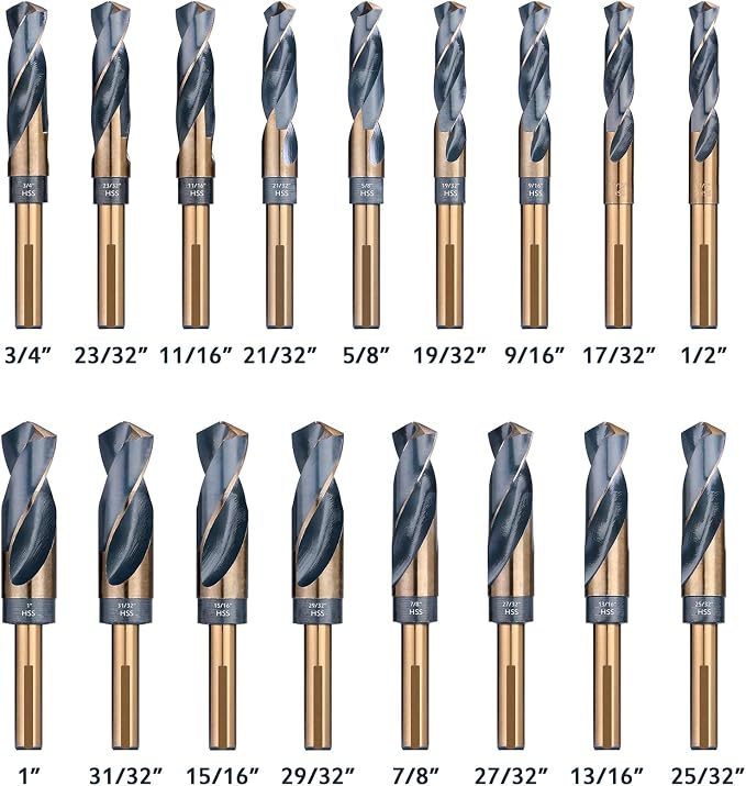 EFFICERE 17-Piece Premium 1/2” Reduced Shank Silver and Deming Drill Bit Set | Large and Jumbo Standard SAE Drill Size from 1/2” to 1” by 1/32th Increment | M2 High Speed Steel, 135-Degree Split Point