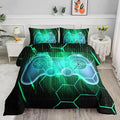 Axolotl Gamepad Comforter Set King Size,Number Video Gaming Gamer Bedding Set,Boys Game Console Comforter,Geometry Hexagonal Bedding for Teens Men Adults,1 Quilt 2 Pillowcases,Green Black