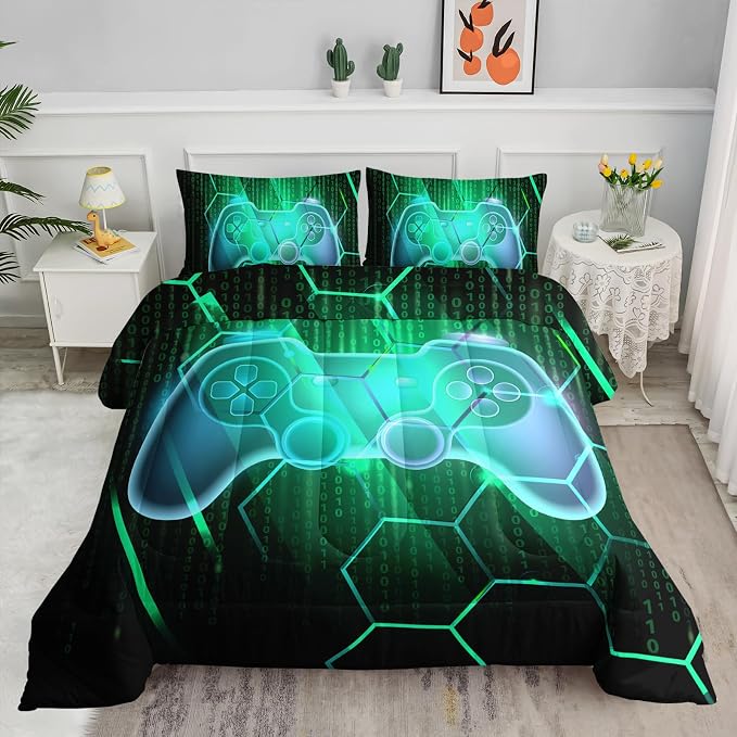 Axolotl Gamepad Comforter Set King Size,Number Video Gaming Gamer Bedding Set,Boys Game Console Comforter,Geometry Hexagonal Bedding for Teens Men Adults,1 Quilt 2 Pillowcases,Green Black