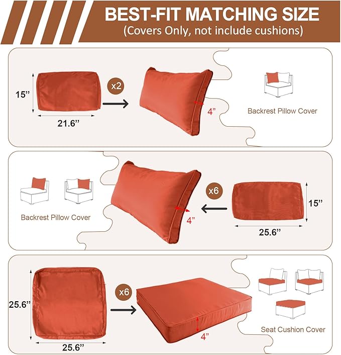 14 Piece Outdoor Patio Cushion Covers Replacement, Waterproof Outdoor Furniture Cushion Covers, Fit 7 Pcs 6 Seater Wicker Rattan Conversation Sofa Set,Brick Red(Only Cover) 25.6x25.6
