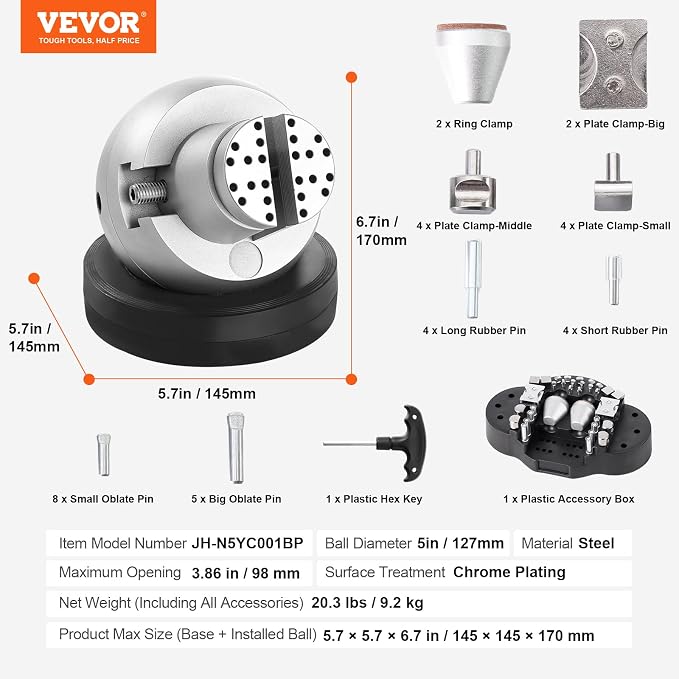 VEVOR Ball Vise, 5" Engraving Setting Tool, 360° Rotation Engraving Block Vise, 35 PCS Attachment Jewelry Engraving Block Tools Standard Block for Gemstone Inlay and Small-Scale Engraving