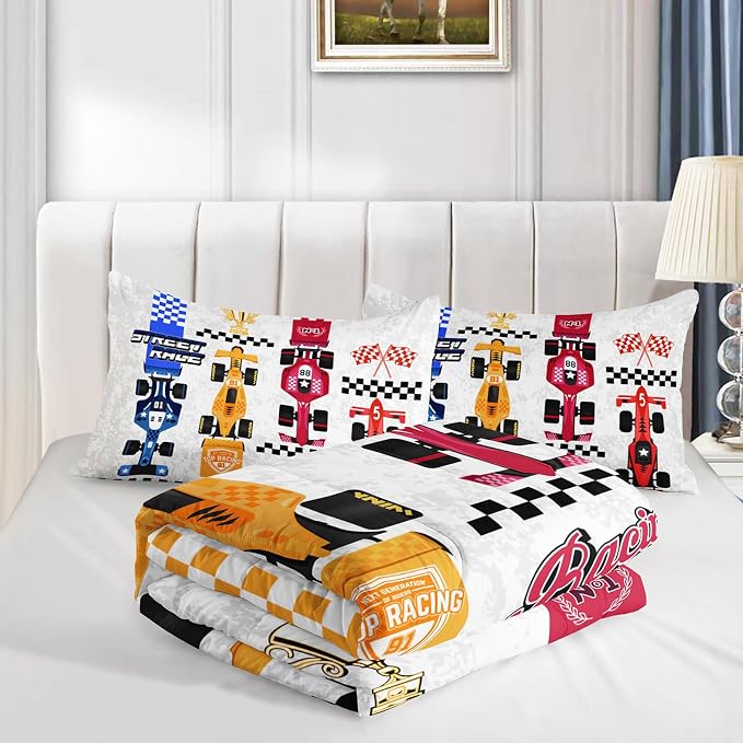 Axolotl Racing Car Comforter Set King Size,Colorful Sports Car Bedding Set for Kids Boys Teen Adult,Extreme Speed Race Bedding,Cars Theme Bedroom Decor with 1 Comforter and 2 Pillowcases