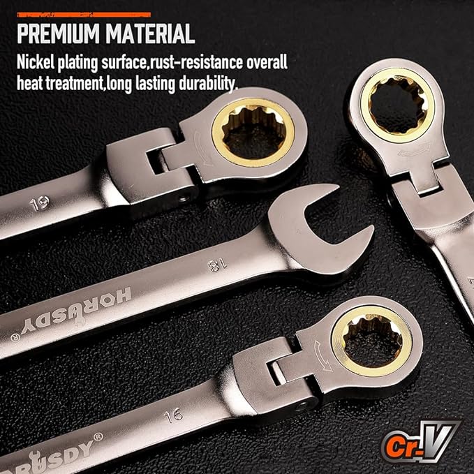 HORUSDY 12-Piece Metric Flex-Head Ratcheting Wrench Set with Organizer | 8-19 mm Ratchet Combination Wrenches Set | 72-Teeth | Chrome Vanadium Steel