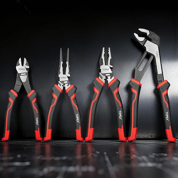 TOPEX 4 Piece Pliers Set with Ergonomic Non-Slip Handle (190 mm Diagonal Cutters, 200 mm Combination Pliers, 200 mm Long Nose Plier, 250 mm Water Pump Plier) for Demanding Tasks & Home Use
