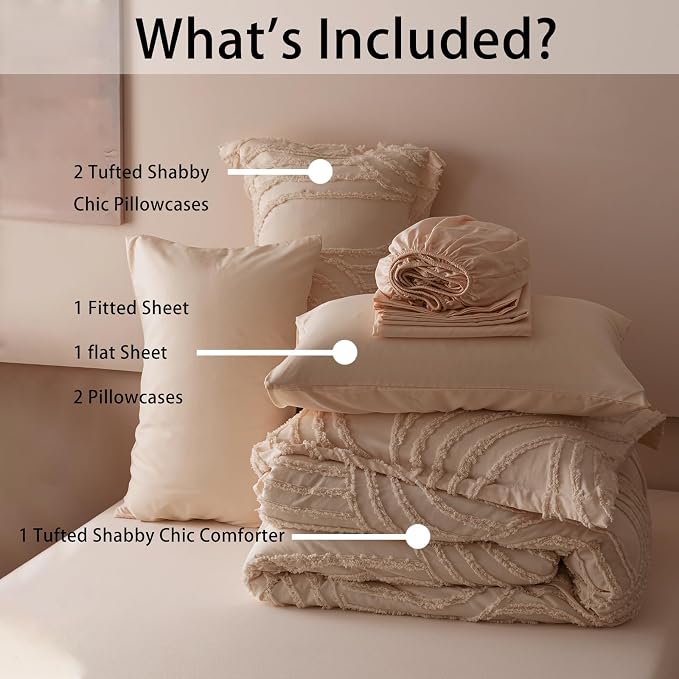 Nttopship Khaki Full Comforter Set - 7 Pieces Bed in a Bag, Premium Comforters Full Size Bed Set Tufted Shabby Chic Bedding Comforter Set with Flat Sheet, Fitted Sheet and Pillowcases,Khaki