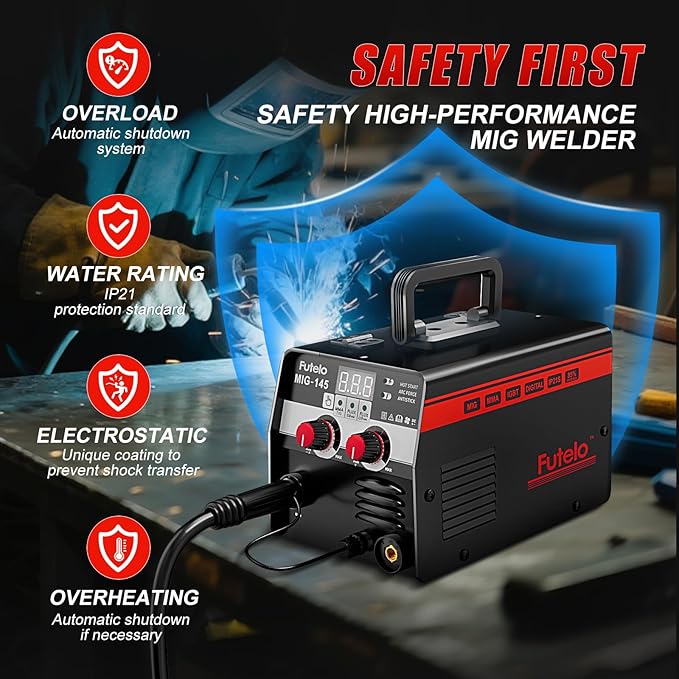 145A MIG Welder, 3 in 1 Flux Core/Lift TIG/Stick Welding Machine 110V IGBT Inverter Gasless Welder with Synergy Control for Metal Repair & DIY Projects