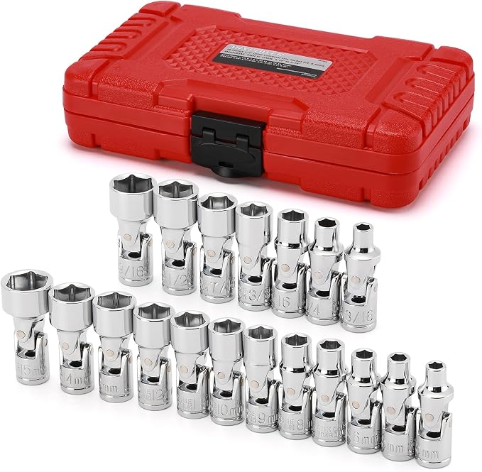 MIXPOWER 19-piece 1/4" Drive Universal Joint Socket Set, 6 Point, SAE & Metric, 5-15mm, 3/16"-9/16", Swivel Socket with Flexible Wobble, CR-V Impact Grade