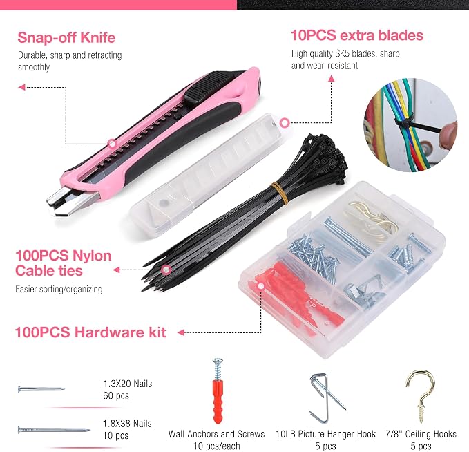 WORKPRO 277PCS Pink Tool Set, Portable Home Repairing Tool Kit for Women
