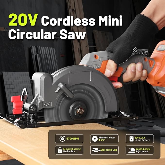 20V Mini Circular Saw Cordless,4-1/2" Compact Wireless Circular Saw 6.0Ah Battery, Fast Charger,6700 RPM, Max Cutting Depth 1-11/16"(90°), 1-1/8"(45°) with 3 Blades