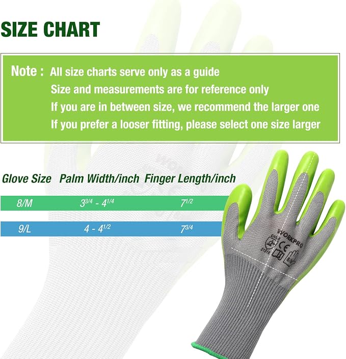 WORKPRO 6 Pairs Garden Gloves, Work Glove with Eco Latex Palm Coated, Gardening Gloves, Working Gloves for Weeding, Digging, Raking, and Pruning (Large)