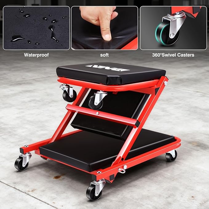 ‎DNA MOTORING TOOLS-00184 36 Inches 2 IN 1 Rolling Folding Car Creeper/Seat, 6 Pcs 2" Casters, 150kg Weight Capacity, Red