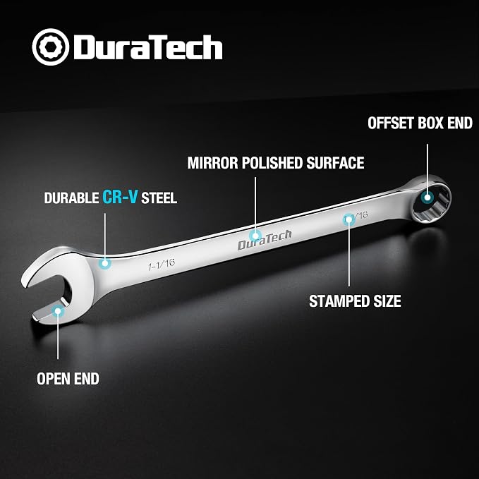 DURATECH 1-1/16" Combination Wrench, SAE | CR-V Constructed, Mirror Polish, 12-Point, 15-Degree Offset